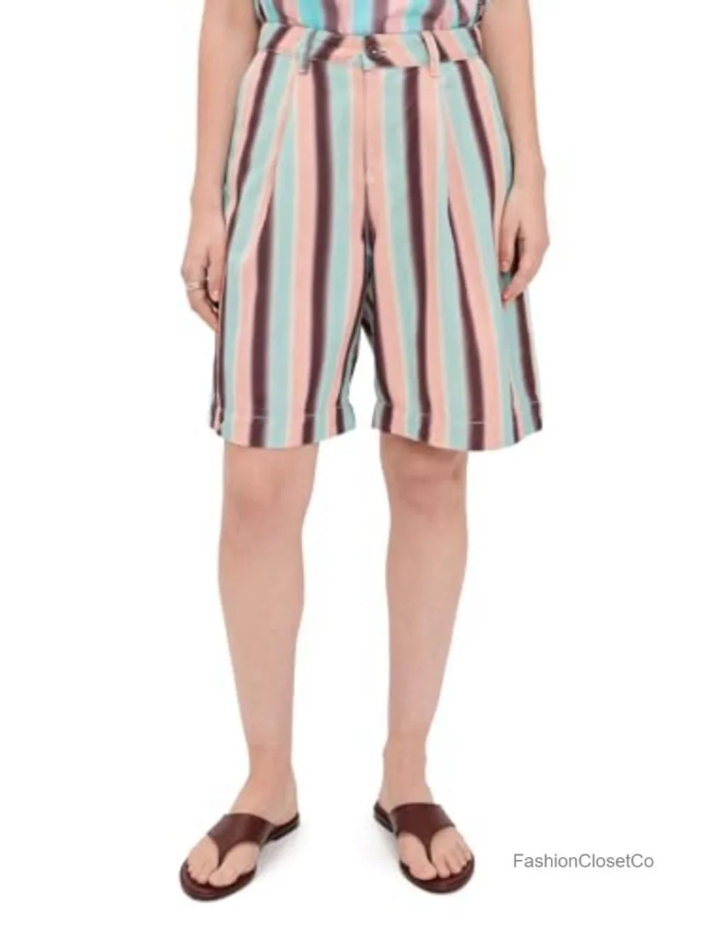 Women's Bermuda Shorts High Rise Cotton Pleated Strap Detail